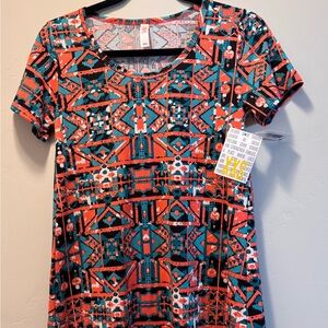 LuLaRoe Red and Teal Geometric Short Sleeve Top